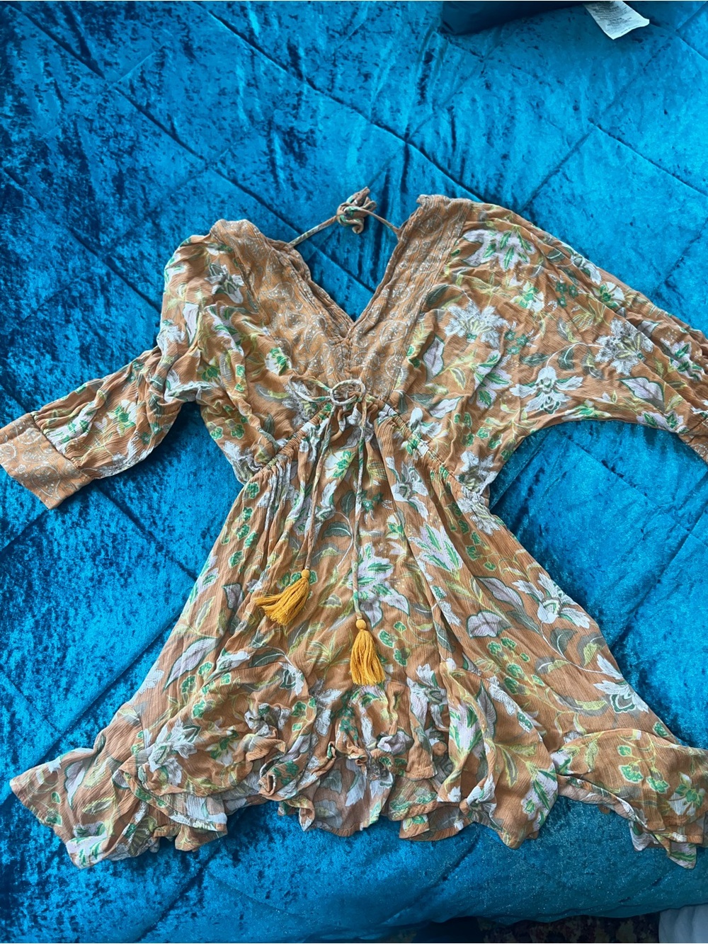 Roxy Tan Floral Tie-Waist Mini Dress with Green Accents